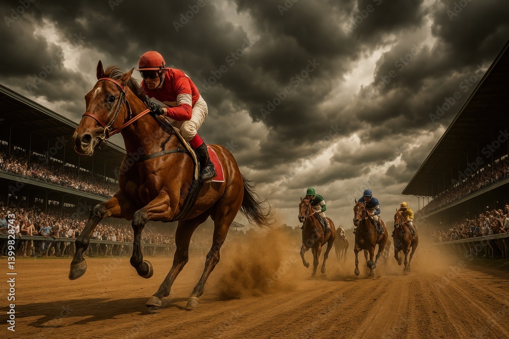 Cinematic, intense competition scene with jockeys on purebred horses galloping forwards on a dirt track under cloudy sky, crowds watch from the flanking grandstands. Kentucky Derby
