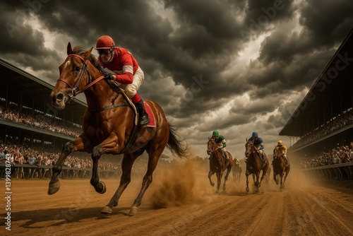 Obraz na płótnie Cinematic, intense competition scene with jockeys on purebred horses galloping forwards on a dirt track under cloudy sky, crowds watch from the flanking grandstands. Kentucky Derby w salonie
