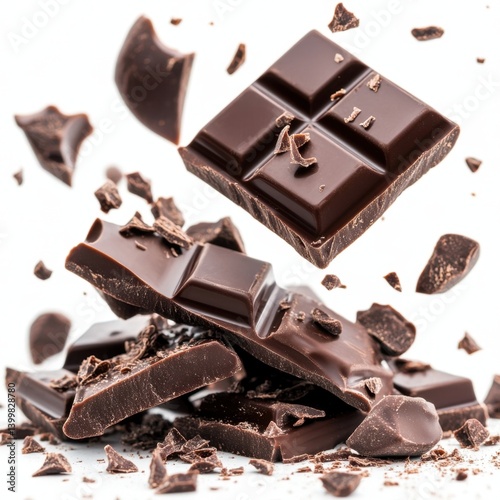 Delicious dark chocolate pieces falling on a white surface creating a tempting food photography scene