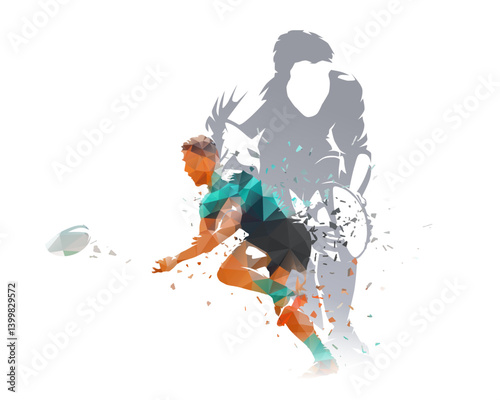 Rugby collage, two rugby players, isolated double exposure vector illustration. Team sports athletes