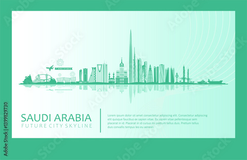 Future Saudi Arabia cityscape featuring Highest Skyscraper in the World Project with Saudi Vision 2030 theme. Great for banner, background, business, tourism, sport and event promos.
