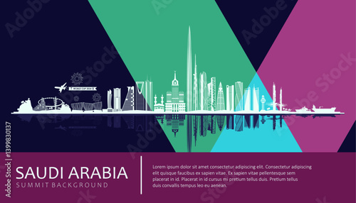 Modern Saudi Arabia skyline vector featuring Rise Tower and Jeddah Tower with colorful geometric background. Perfect for global summit, business, sport, travel or event themes and promos. 