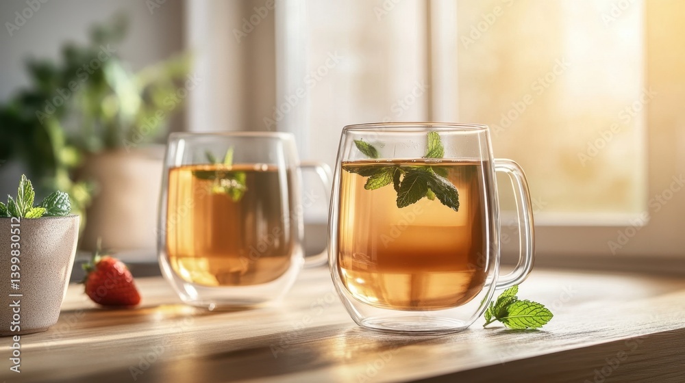 Refreshing herbal tea with mint leaves in glass mugs on wooden table in warm sunlight for healthy lifestyle Refreshing herbal tea with mint leaves in glass mugs on wooden table in warm sunlight for healthy lifestyle