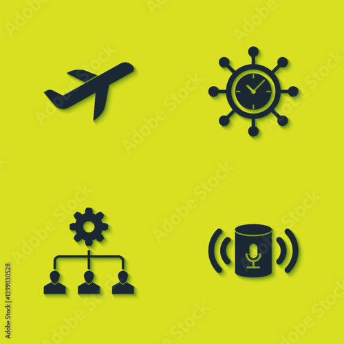 Set Plane, Voice assistant, Lead management and Clock and gear icon. Vector