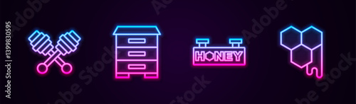 Set line Honey dipper stick, Hive for bees, Hanging sign with honeycomb and Honeycomb. Glowing neon icon. Vector