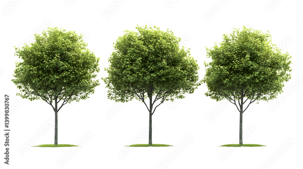 Obraz premium Vibrant Trio of Green Trees Against a Clean White Background for Design Projects