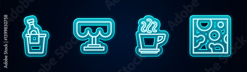 Set line Champagne in an ice bucket, Wooden table, Coffee cup and Cheese. Glowing neon icon. Vector