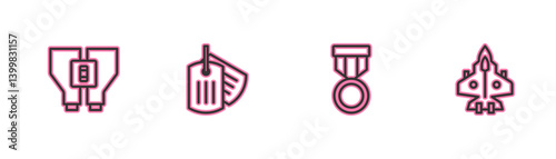 Set line Binoculars, Military reward medal, dog tag and Jet fighter icon. Vector
