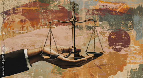 Hand holding a balanced scale symbolizing justice amid a colorful abstract background at dusk
