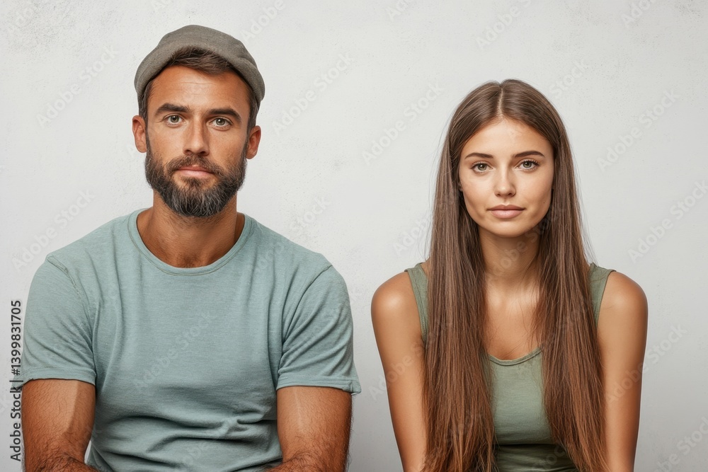 Obraz premium Couple sitting closely against a neutral background during a casual indoor session