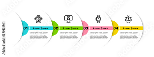 Set line Aqualung, Scallop sea shell, Diving watch and Stopwatch. Business infographic template. Vector