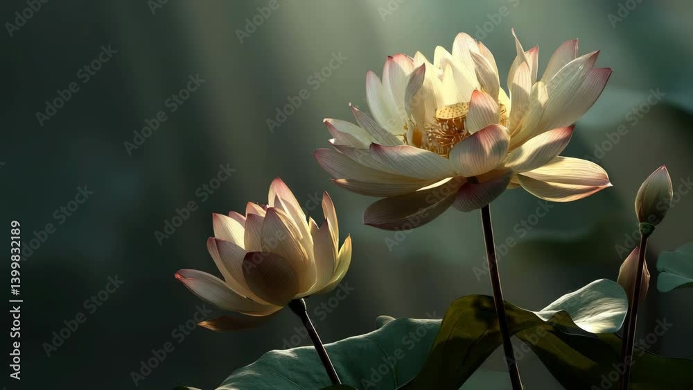 A lotus bloom with petals spreading over a gently lighted background is illuminated by calming sunlight.