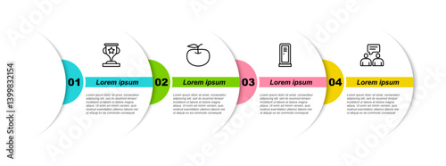 Set line Award cup, Apple, Locker or changing room and Two sitting men talking. Business infographic template. Vector