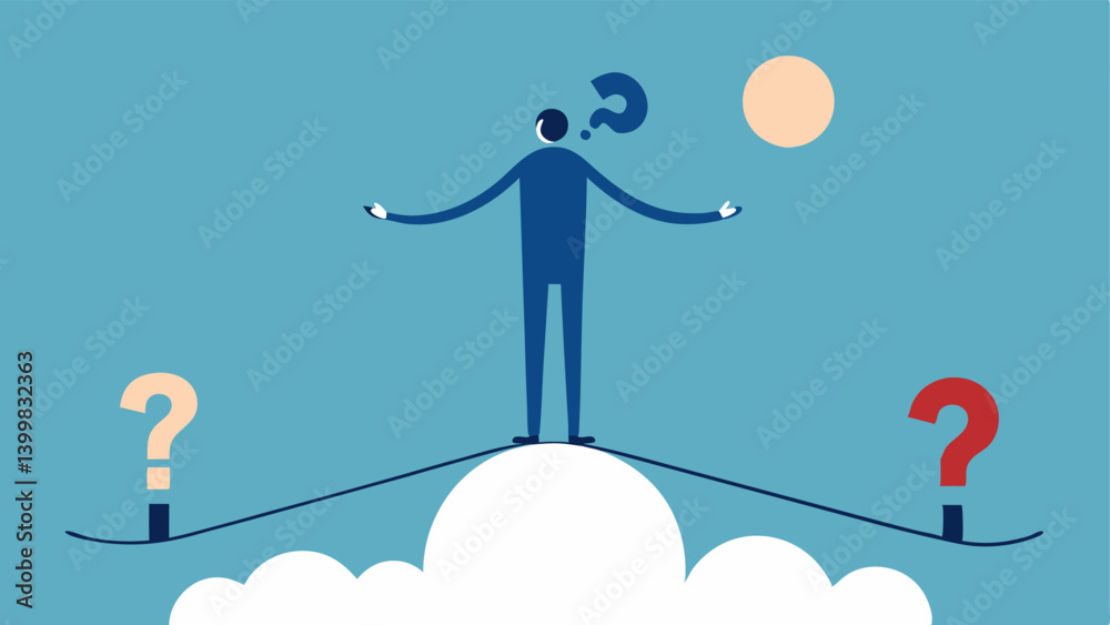 Balancing Act A person standing on a tightrope juggling question marks and exclamation marks visualizing the struggle to maintain balance amidst impending stress and uncertainty.