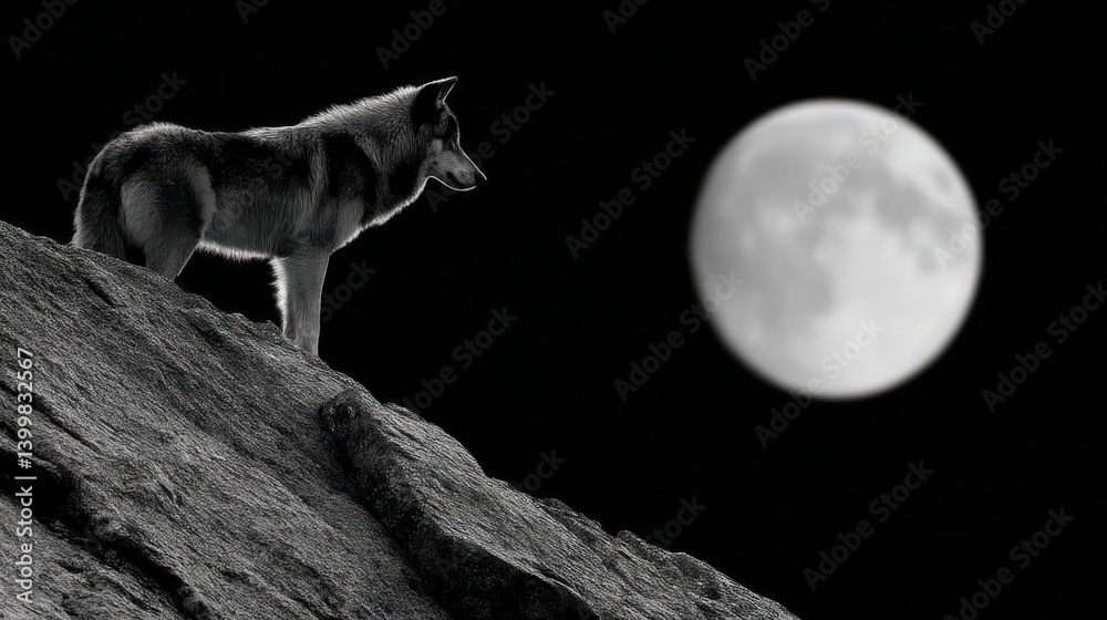 Fototapeta premium A solitary wolf stands majestically on a hill, gazing at the full moon in a stark night sky, embodying mystery and wilderness.