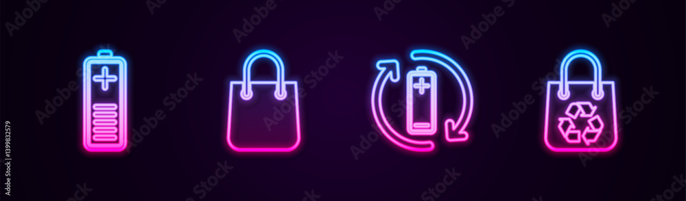 Set line Battery charge level indicator, Shopping bag, with recycle and . Glowing neon icon. Vector