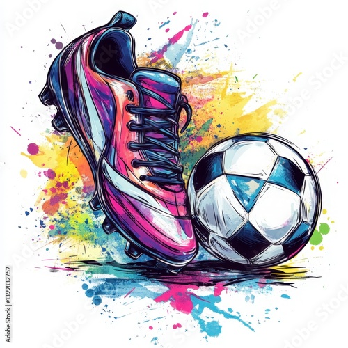 Colorful soccer cleat beside a black and white soccer ball on a vibrant splash background