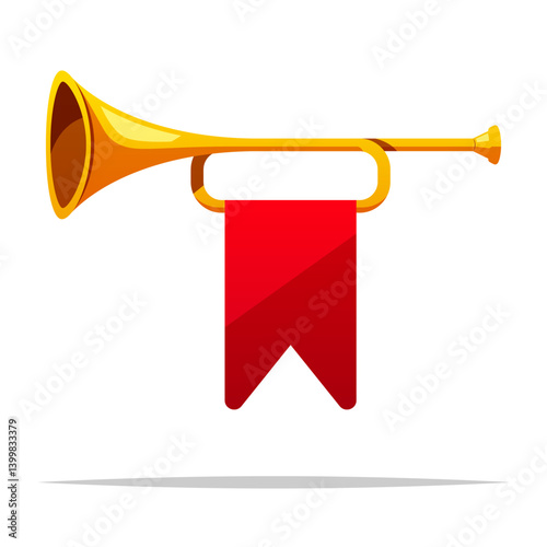 Fanfare trumpet with red flag vector isolated illustration