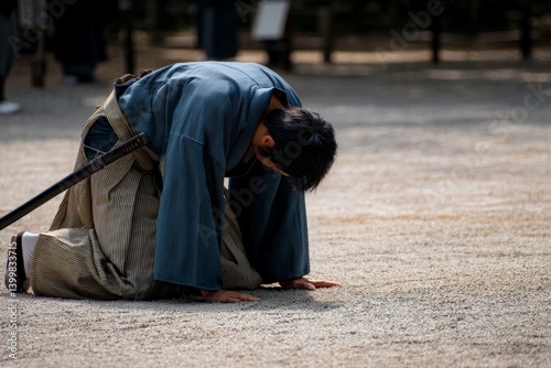 a japanese samurai bowing down on the ground