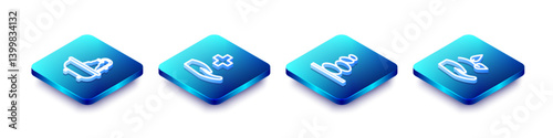 Set Isometric line Bathtub, Cross hospital medical, Stack hot stones and Leaf in hand icon. Vector