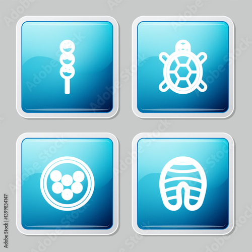 Set line Takoyaki on a stick, Turtle, Caviar plate and Fish steak icon. Vector