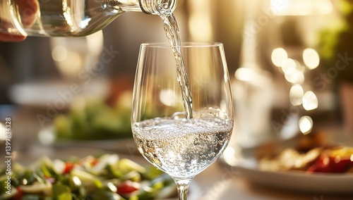 Close-up of Clear Water Being Poured into Empty Glass on Dining Table, with Food on Plate in Background. Mockup of Water Bottle Pouring Liquid, Hands Holding Glass Edge Turning Over to Pour Pure Trans