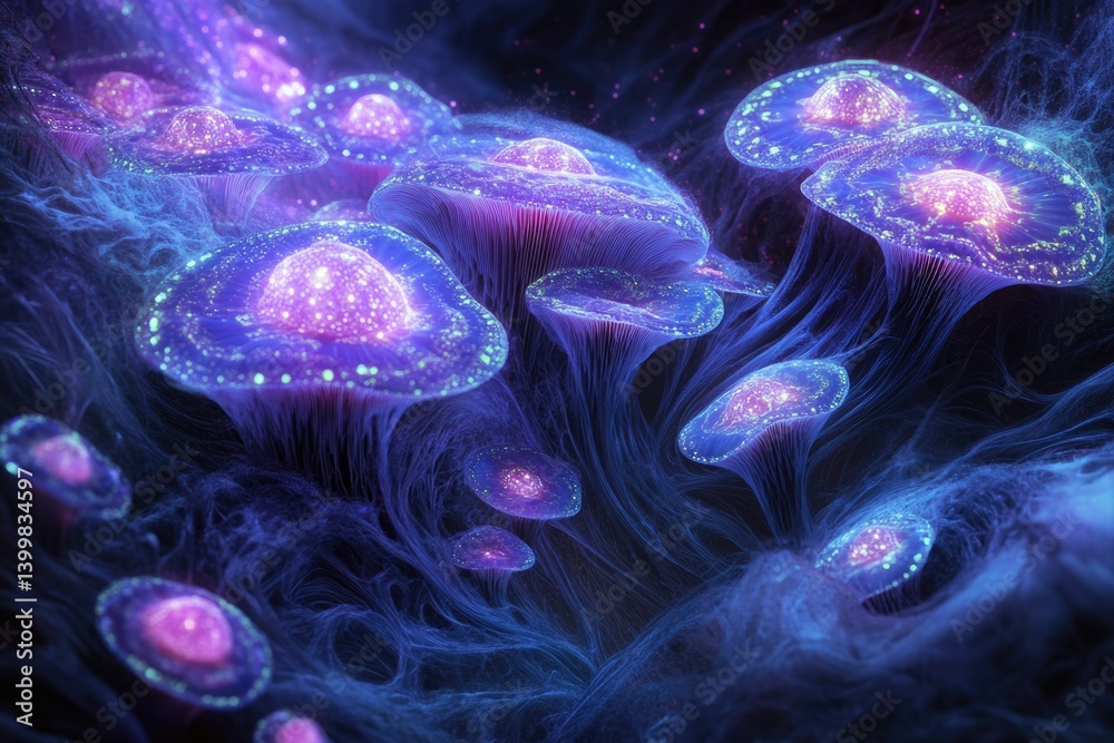 Obraz premium Glowing bioluminescent mushrooms in a dark, mystical forest, emitting ethereal light.
