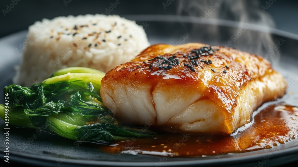 a hyper-realistic studio photo of a gourmet miso-glazed cod, with