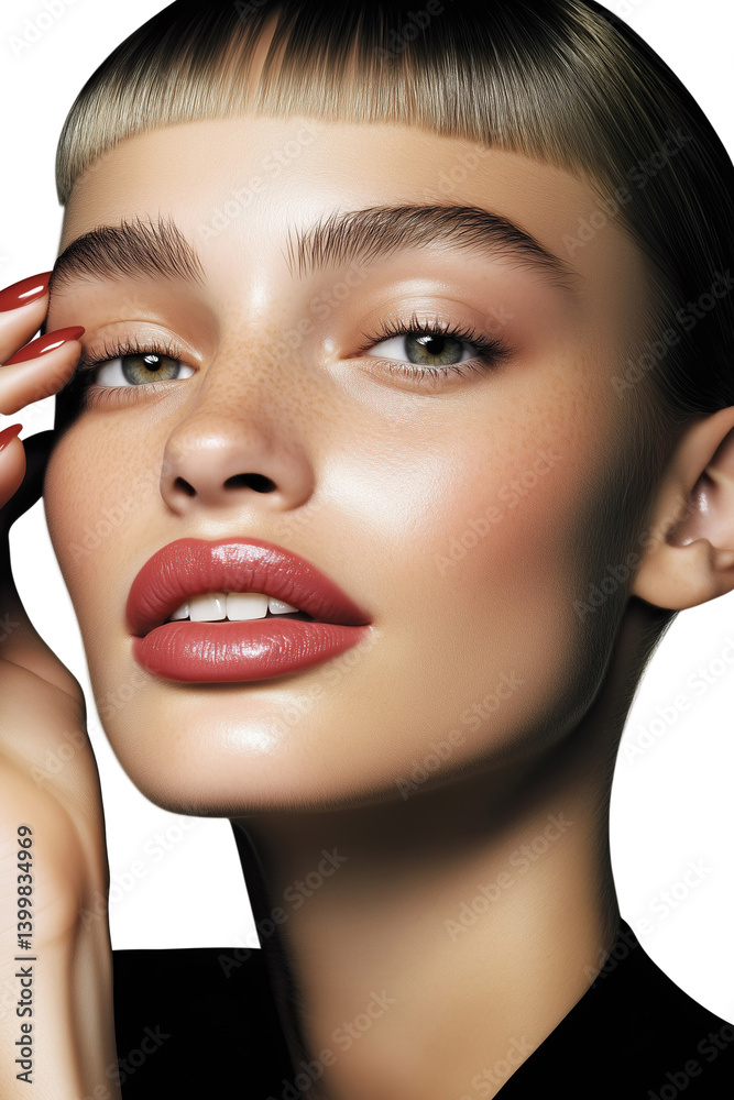 Stylish model with very short hair on white background.