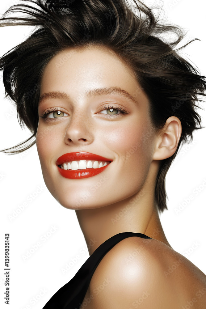 Cheerful stylish model with messy hair on white background.