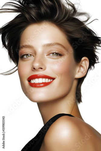 Obraz na płótnie Cheerful stylish model with messy hair on white background. w salonie