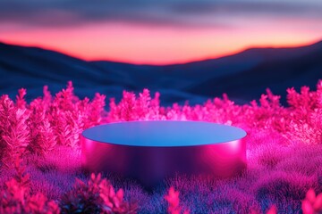 Leinwandbilder Rosa A vibrant pink and purple landscape scene at sunset features a sleek, round platform amidst glowing plants.  © Vibu design  gallery