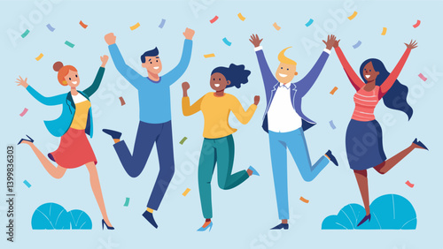 A group of people in business attire, jumping for joy, celebrating success. They are surrounded by festive tinsel, emphasizing the festive atmosphere.