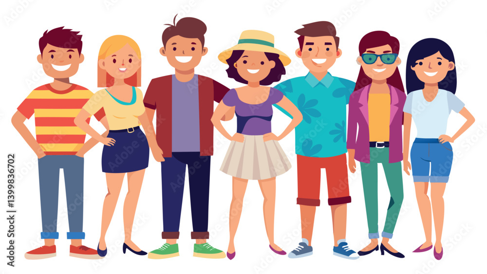 Fototapeta premium A joyful group of young people in casual summer outfits celebrating their holidays together. They are all smiling, exuding a carefree and cheerful atmosphere.