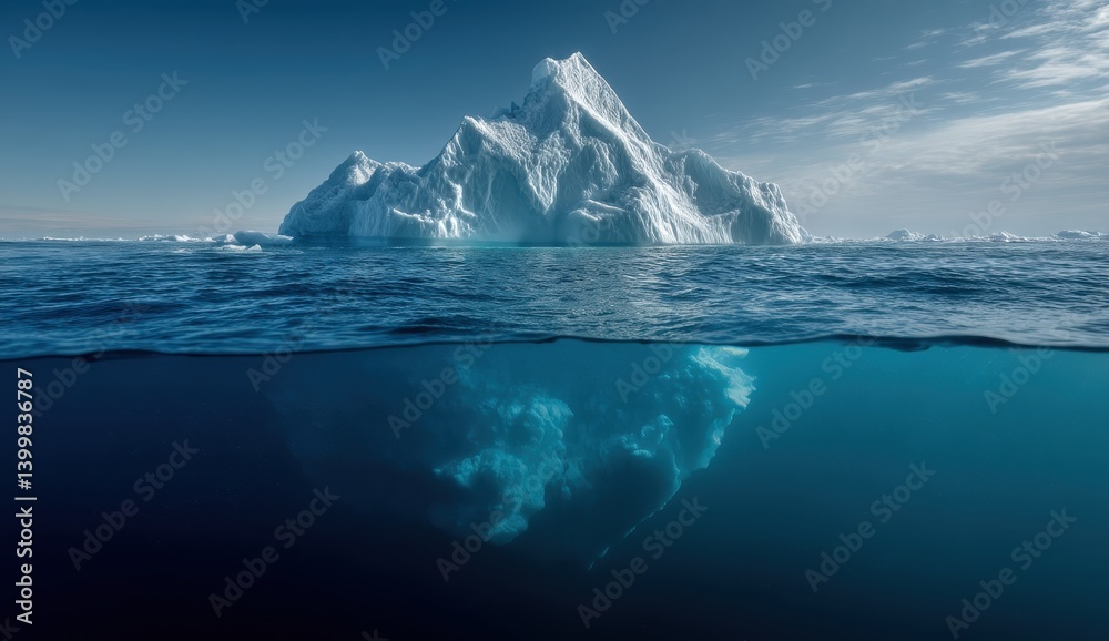 Fototapeta premium Stunning iceberg with a vast underwater portion in a calm sea under a clear sky.