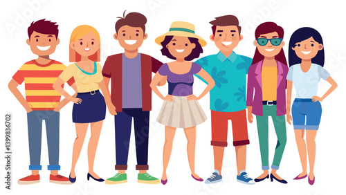 A joyful group of young people in casual summer outfits celebrating their holidays together. They are all smiling, exuding a carefree and cheerful atmosphere.