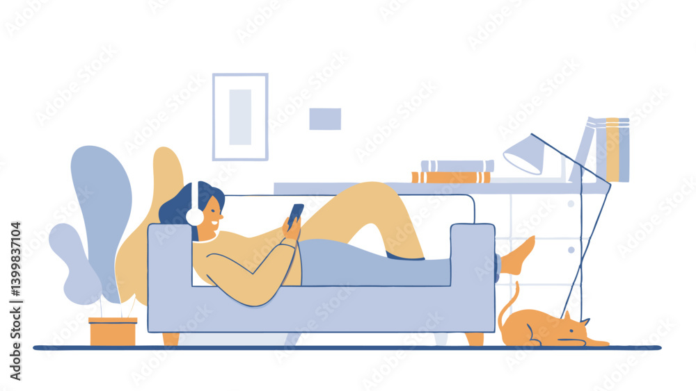 Obraz premium A young girl is relaxing in her new apartment, lying on a cozy sofa. She is enjoying music on her headphones using a mobile application on her smartphone. Next to her is her pet.