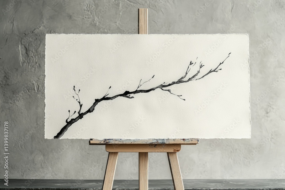 Minimalist ink painting of a single branch with sparse blossoms on an easel.