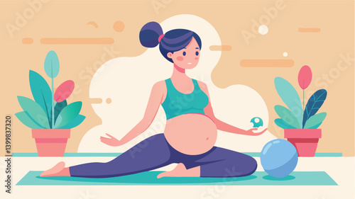 A pregnant woman practices yoga using a fitness ball to maintain balance and strength. She looks relaxed and sophisticated, embodying a healthy and active lifestyle for pregnant women.