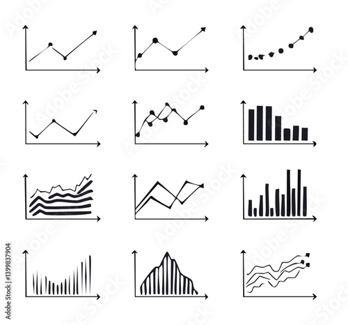 Collection of Black and White Graph Icon Set Illustrating Various Chart Types and Trends


