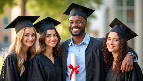 A group of four diverse graduates, two women and one man, proudly pose together in their caps and gowns, radiating joy and accomplishment. Their smiles and the diploma held by the man symbolize the