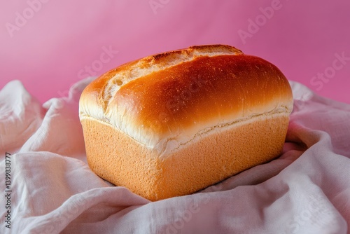 Freshly baked loaf of bread on fabric