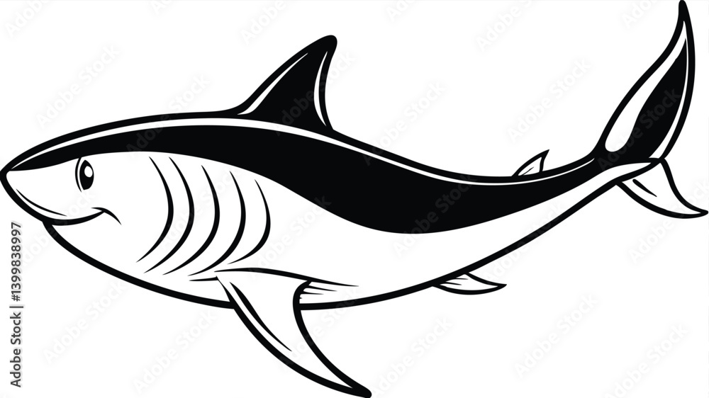 Obraz premium A black and white cartoon illustration of a shark swimming to the left. It has a pointed snout, sharp teeth, and prominent fins.