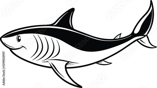 A black and white cartoon illustration of a shark swimming to the left. It has a pointed snout, sharp teeth, and prominent fins.