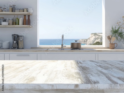Serene kitchen interior with rustic wooden table and a view of the ocean from the window in the background
