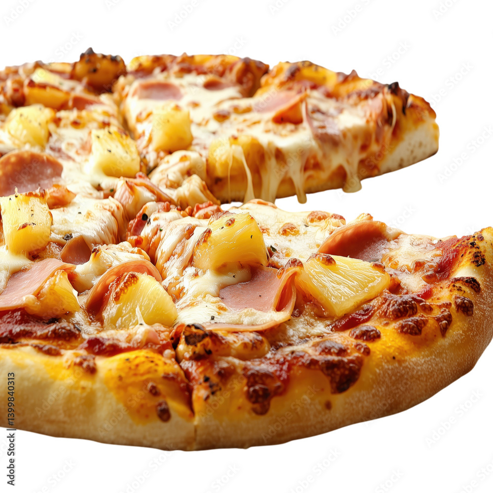 Classic Hawaiian pizza with juicy pineapple chunks and savory ham, isolated on transparent background for food designs and menus. Classic Hawaiian pizza with juicy pineapple chunks and savory ham, isolated on transparent background for food designs and menus.