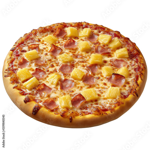 Classic Hawaiian pizza with juicy pineapple chunks and savory ham, isolated on transparent background for food designs and menus.