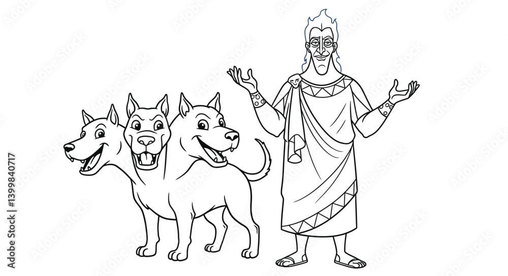 Fototapeta premium Child Friendly Hades with Three Headed Dog Cerberus Coloring Page