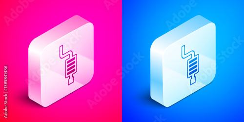 Isometric Car muffler icon isolated on pink and blue background. Exhaust pipe. Silver square button. Vector