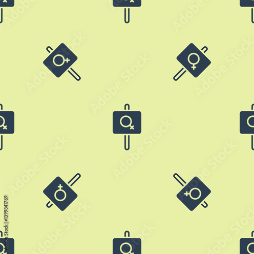 Blue Female movement, feminist activist with banner and placards icon isolated seamless pattern on yellow background. Feminist rights movement, feminism sisterhood. Vector